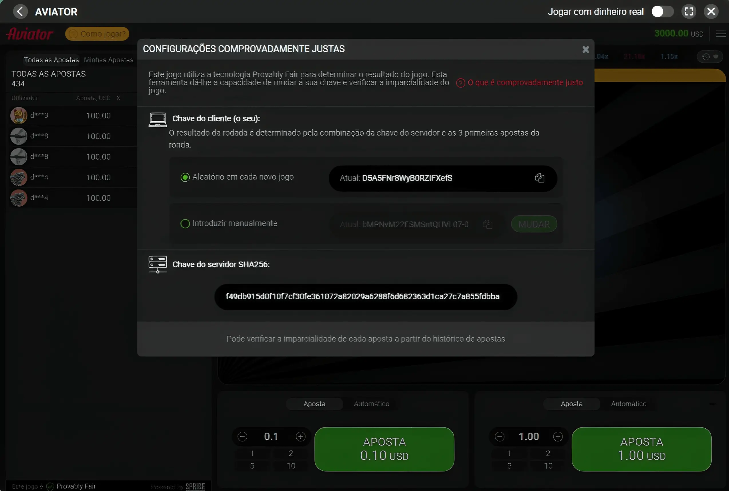 Configurações do jogo Avião